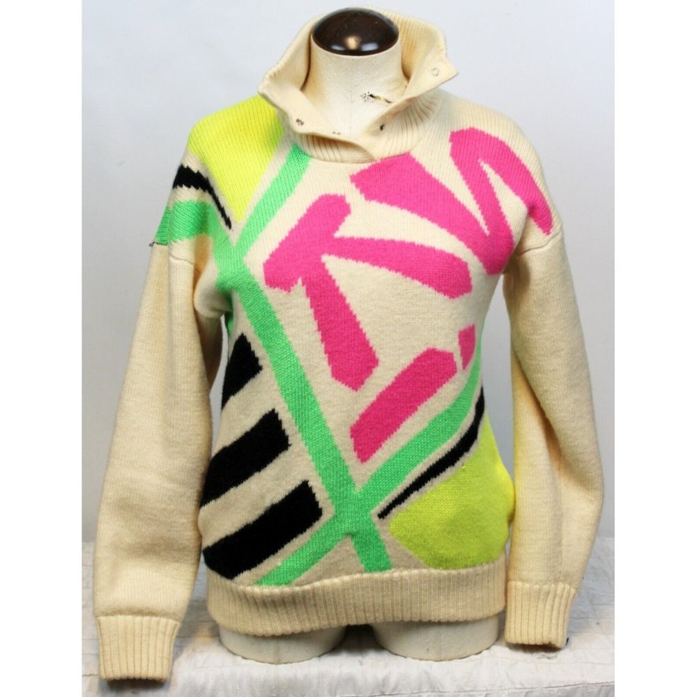 Vtg 80s Tyrolia Women's Wool Sweater sz S Thick Turtleneck Button Pockets Winter